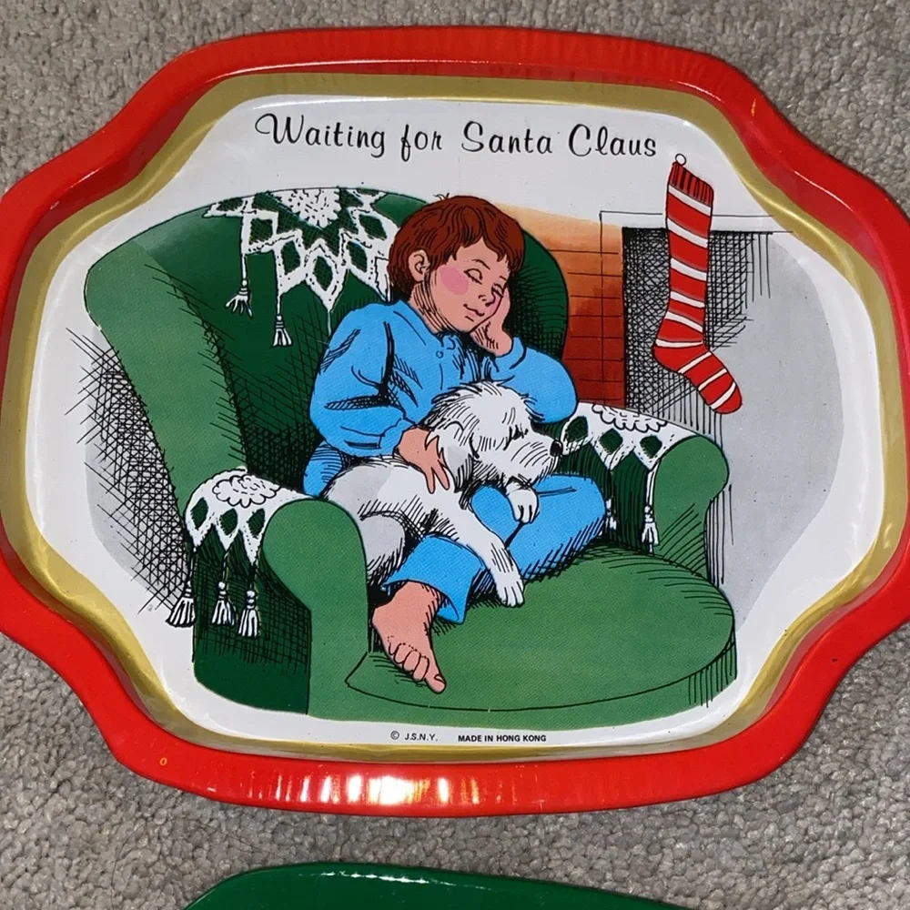 Vintage JSNY Christmas Metal Cookie Snack Tray Set ‎ Hong Kong Made (3)